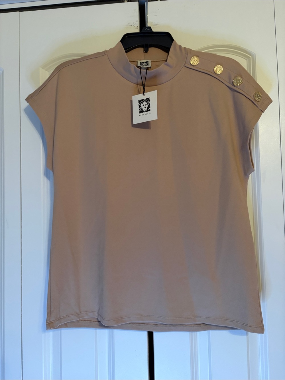 Anne Klein Short Sleeve Mock Neck Top with Gold Buttons - Taupe